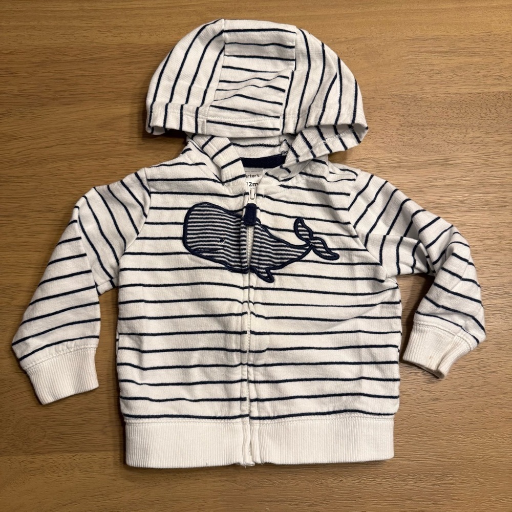 Carter's Navy and White Striped Whale Hoodie